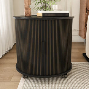 English Elm Set of 2 Mid Century Modern Round End Tables with Charging Station and Sliding Door W2700S00158