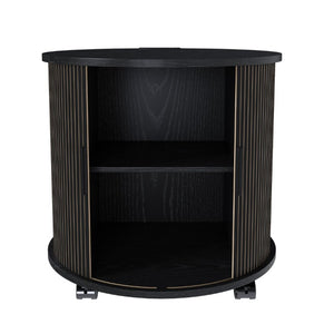 English Elm Set of 2 Mid Century Modern Round End Tables with Charging Station and Sliding Door W2700S00158