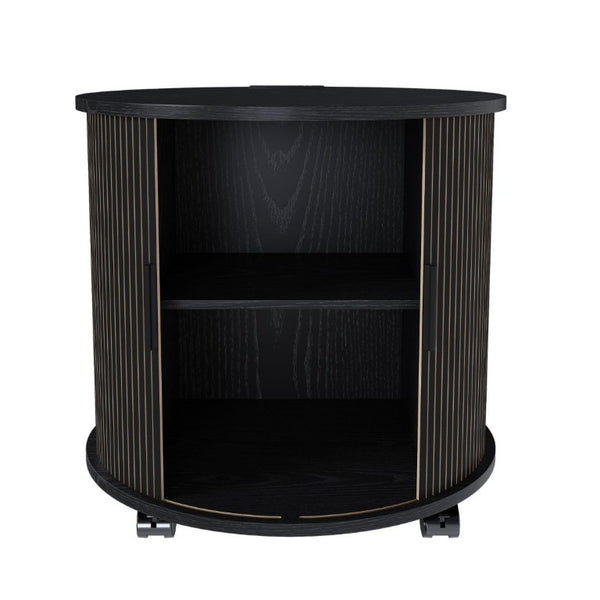 English Elm Set of 2 Mid Century Modern Round End Tables with Charging Station and Sliding Door W2700S00158