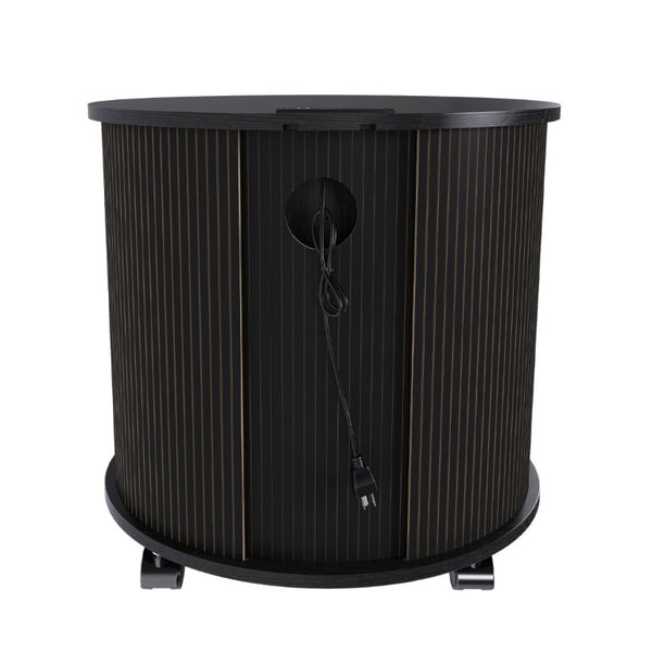 English Elm Set of 2 Mid Century Modern Round End Tables with Charging Station and Sliding Door W2700S00158