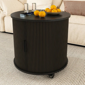 English Elm Set of 2 Mid Century Modern Round End Tables with Charging Station and Sliding Door W2700S00158
