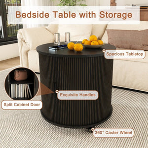 English Elm Set of 2 Mid Century Modern Round End Tables with Charging Station and Sliding Door W2700S00158