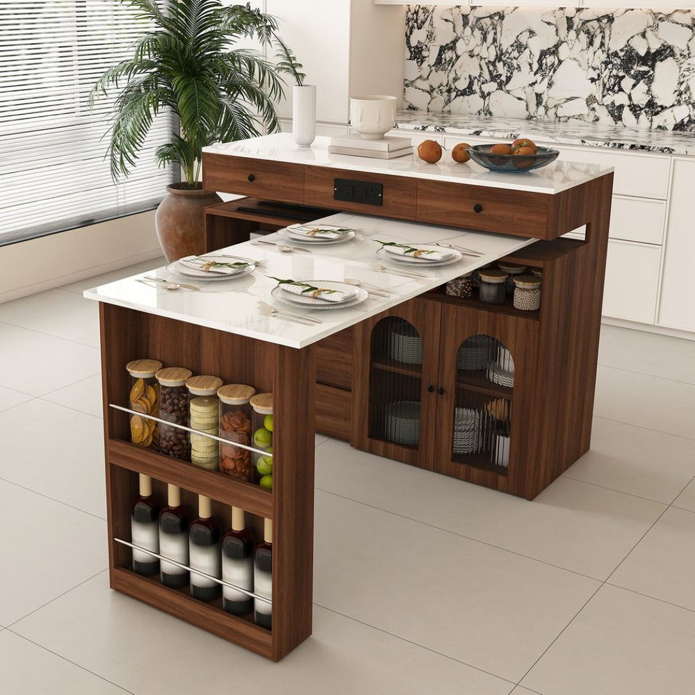 English Elm Kitchen Island Walnut Veneer Retro Style with Rotating Top Four Drawers Glass Cabinet W2700S00160