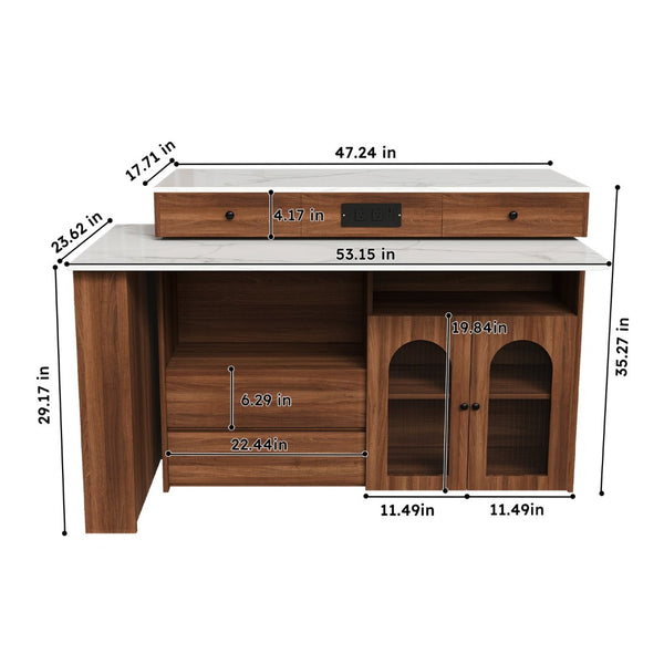 English Elm Kitchen Island Walnut Veneer Retro Style with Rotating Top Four Drawers Glass Cabinet W2700S00160