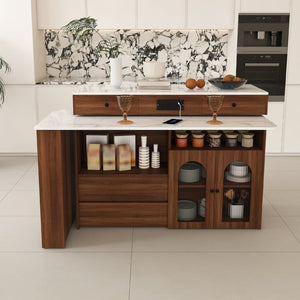 English Elm Kitchen Island Walnut Veneer Retro Style with Rotating Top Four Drawers Glass Cabinet W2700S00160