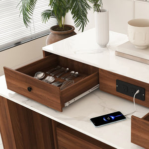 English Elm Kitchen Island Walnut Veneer Retro Style with Rotating Top Four Drawers Glass Cabinet W2700S00160