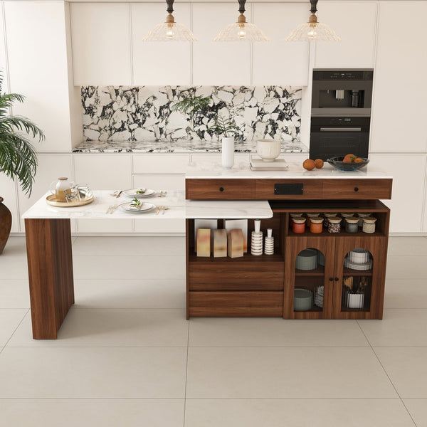 English Elm Kitchen Island Walnut Veneer Retro Style with Rotating Top Four Drawers Glass Cabinet W2700S00160