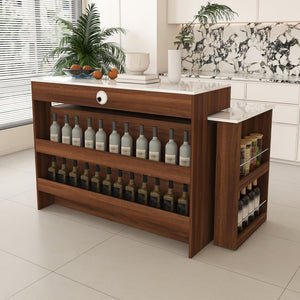 English Elm Kitchen Island Walnut Veneer Retro Style with Rotating Top Four Drawers Glass Cabinet W2700S00160