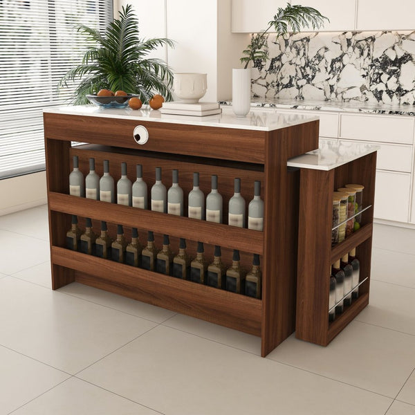 English Elm Kitchen Island Walnut Veneer Retro Style with Rotating Top Four Drawers Glass Cabinet W2700S00160