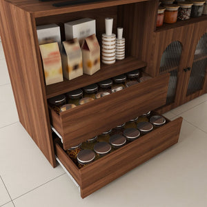 English Elm Kitchen Island Walnut Veneer Retro Style with Rotating Top Four Drawers Glass Cabinet W2700S00160