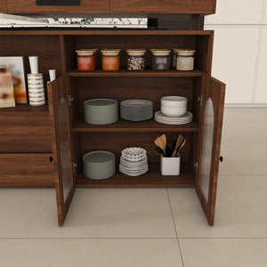 English Elm Kitchen Island Walnut Veneer Retro Style with Rotating Top Four Drawers Glass Cabinet W2700S00160