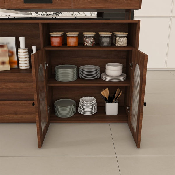 English Elm Kitchen Island Walnut Veneer Retro Style with Rotating Top Four Drawers Glass Cabinet W2700S00160