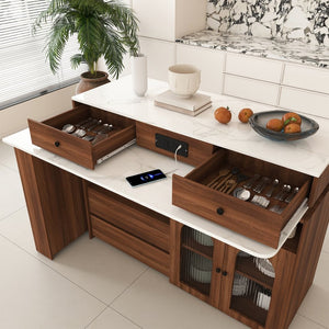 English Elm Kitchen Island Walnut Veneer Retro Style with Rotating Top Four Drawers Glass Cabinet W2700S00160