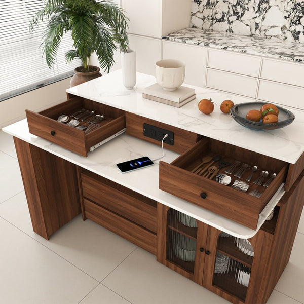 English Elm Kitchen Island Walnut Veneer Retro Style with Rotating Top Four Drawers Glass Cabinet W2700S00160