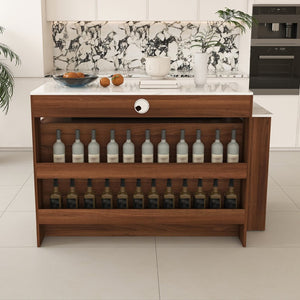 English Elm Kitchen Island Walnut Veneer Retro Style with Rotating Top Four Drawers Glass Cabinet W2700S00160
