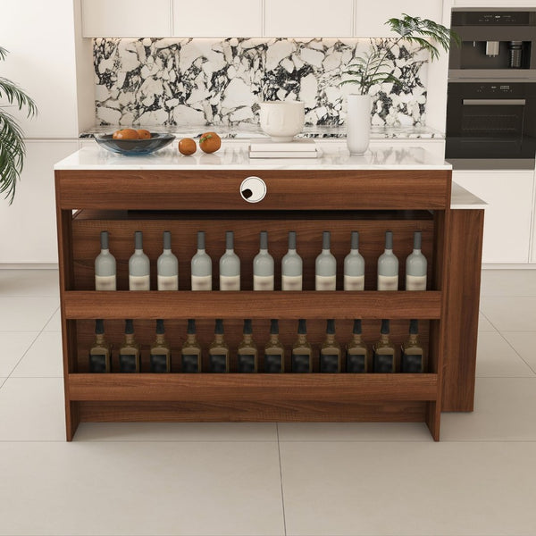 English Elm Kitchen Island Walnut Veneer Retro Style with Rotating Top Four Drawers Glass Cabinet W2700S00160