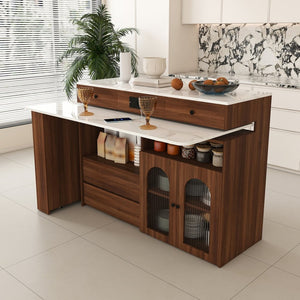 English Elm Kitchen Island Walnut Veneer Retro Style with Rotating Top Four Drawers Glass Cabinet W2700S00160