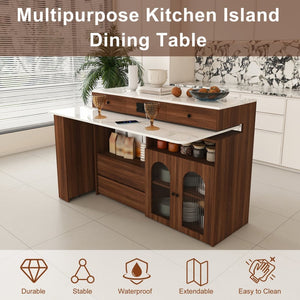 English Elm Kitchen Island Walnut Veneer Retro Style with Rotating Top Four Drawers Glass Cabinet W2700S00160