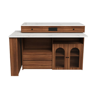 English Elm Kitchen Island Walnut Veneer Retro Style with Rotating Top Four Drawers Glass Cabinet W2700S00160