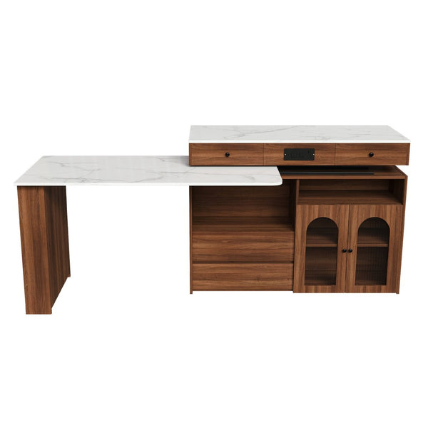 English Elm Kitchen Island Walnut Veneer Retro Style with Rotating Top Four Drawers Glass Cabinet W2700S00160