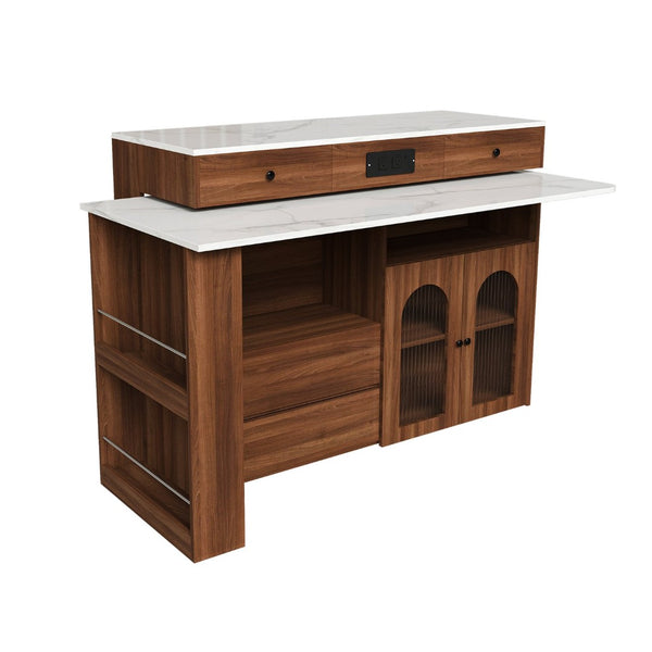 English Elm Kitchen Island Walnut Veneer Retro Style with Rotating Top Four Drawers Glass Cabinet W2700S00160