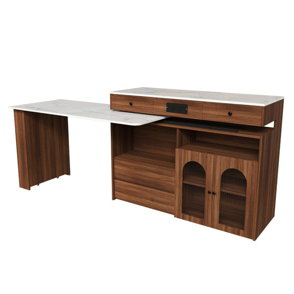 English Elm Kitchen Island Walnut Veneer Retro Style with Rotating Top Four Drawers Glass Cabinet W2700S00160