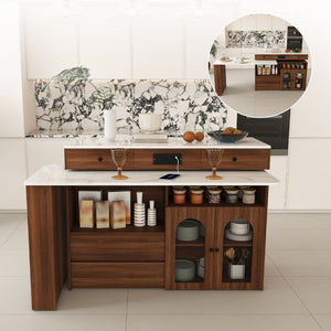 English Elm Kitchen Island Walnut Veneer Retro Style with Rotating Top Four Drawers Glass Cabinet W2700S00160