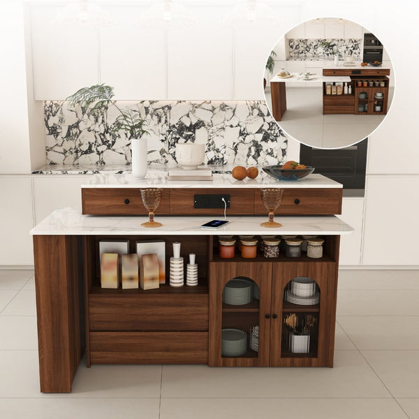 English Elm Kitchen Island Walnut Veneer Retro Style with Rotating Top Four Drawers Glass Cabinet W2700S00160