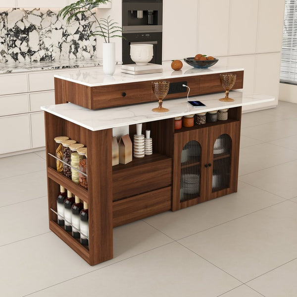 English Elm Kitchen Island Walnut Veneer Retro Style with Rotating Top Four Drawers Glass Cabinet W2700S00160