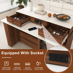 English Elm Kitchen Island Walnut Veneer Retro Style with Rotating Top Four Drawers Glass Cabinet W2700S00160
