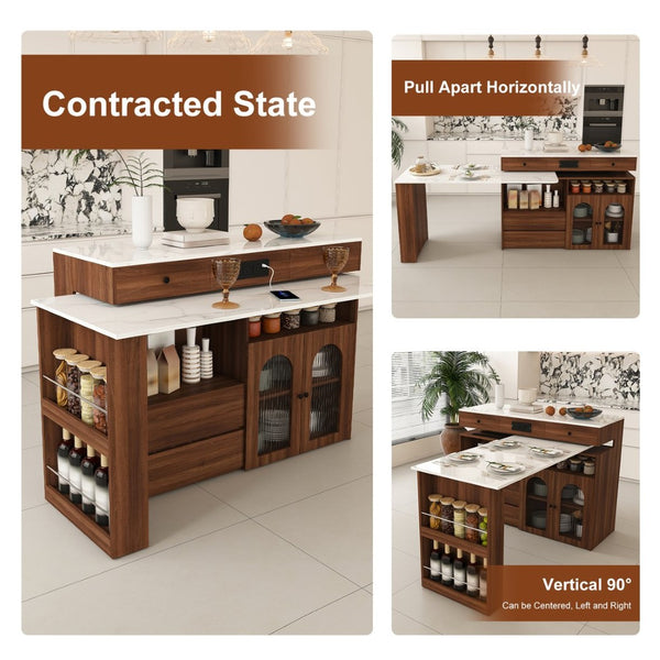 English Elm Kitchen Island Walnut Veneer Retro Style with Rotating Top Four Drawers Glass Cabinet W2700S00160