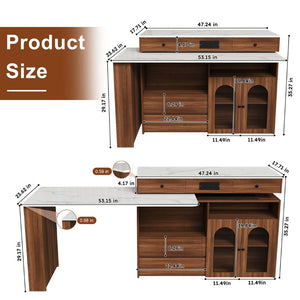 English Elm Kitchen Island Walnut Veneer Retro Style with Rotating Top Four Drawers Glass Cabinet W2700S00160