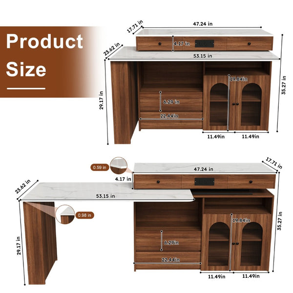 English Elm Kitchen Island Walnut Veneer Retro Style with Rotating Top Four Drawers Glass Cabinet W2700S00160