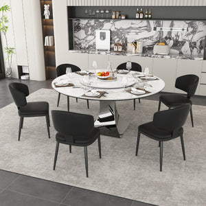 English Elm 59" Round Sintered Stone Table with Six Pu Leather Chairs Modern Dining Set W2700S00161