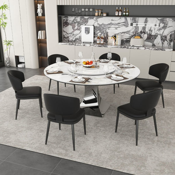 English Elm 59" Round Sintered Stone Table with Six Pu Leather Chairs Modern Dining Set W2700S00161