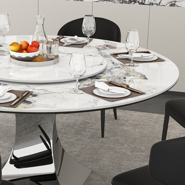 English Elm 59" Round Sintered Stone Table with Six Pu Leather Chairs Modern Dining Set W2700S00161