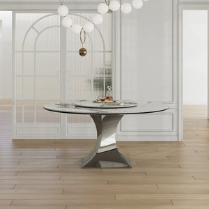 English Elm 59" Round Sintered Stone Table with Six Pu Leather Chairs Modern Dining Set W2700S00161