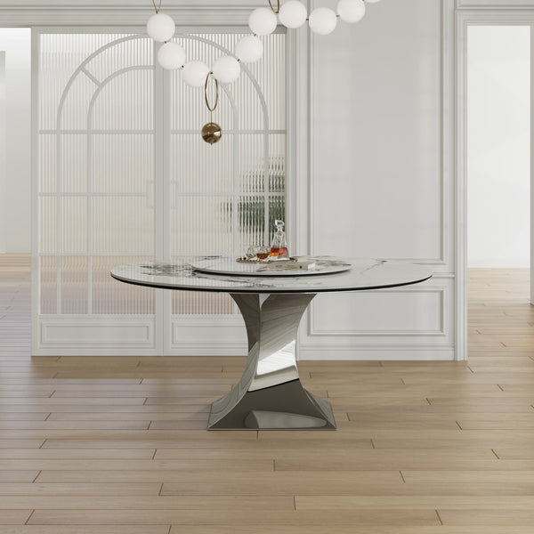 English Elm 59" Round Sintered Stone Table with Six Pu Leather Chairs Modern Dining Set W2700S00161