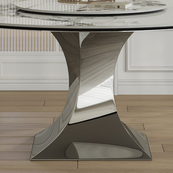 English Elm 59" Round Sintered Stone Table with Six Pu Leather Chairs Modern Dining Set W2700S00161