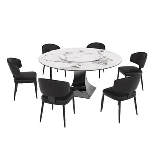English Elm 59" Round Sintered Stone Table with Six Pu Leather Chairs Modern Dining Set W2700S00161