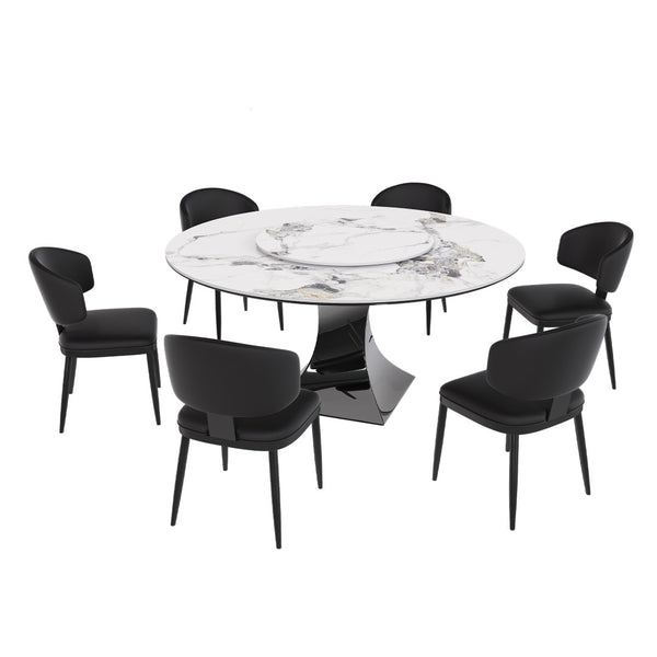 English Elm 59" Round Sintered Stone Table with Six Pu Leather Chairs Modern Dining Set W2700S00161