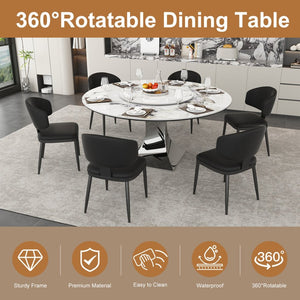 English Elm 59" Round Sintered Stone Table with Six Pu Leather Chairs Modern Dining Set W2700S00161