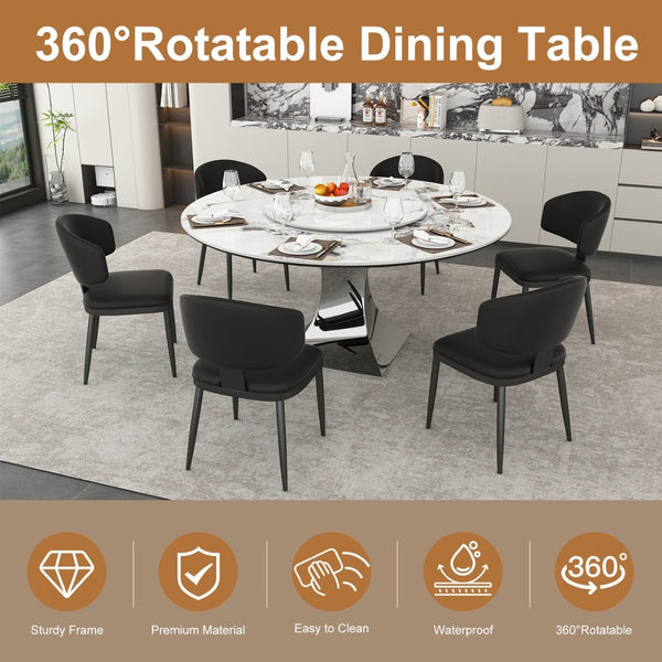English Elm 59" Round Sintered Stone Table with Six Pu Leather Chairs Modern Dining Set W2700S00161