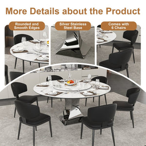English Elm 59" Round Sintered Stone Table with Six Pu Leather Chairs Modern Dining Set W2700S00161