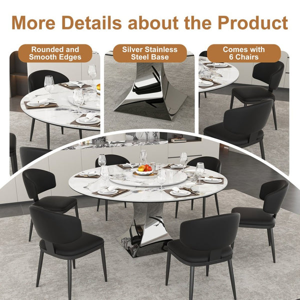 English Elm 59" Round Sintered Stone Table with Six Pu Leather Chairs Modern Dining Set W2700S00161