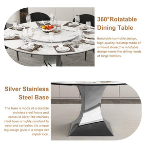 English Elm 59" Round Sintered Stone Table with Six Pu Leather Chairs Modern Dining Set W2700S00161