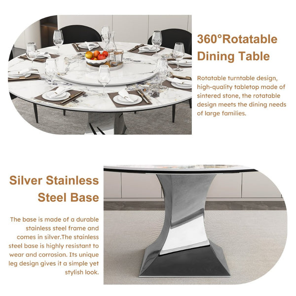 English Elm 59" Round Sintered Stone Table with Six Pu Leather Chairs Modern Dining Set W2700S00161