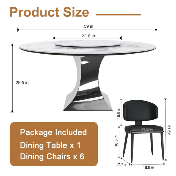 English Elm 59" Round Sintered Stone Table with Six Pu Leather Chairs Modern Dining Set W2700S00161