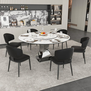 English Elm 59" Round Sintered Stone Table with Six Pu Leather Chairs Modern Dining Set W2700S00161