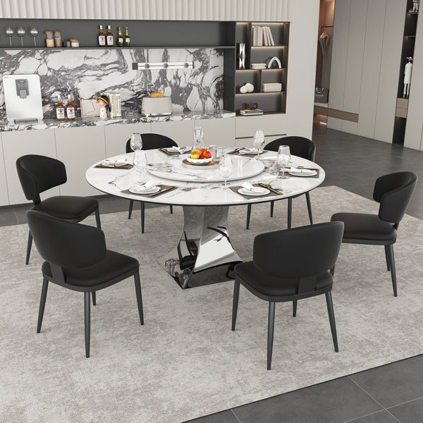 English Elm 59" Round Sintered Stone Table with Six Pu Leather Chairs Modern Dining Set W2700S00161
